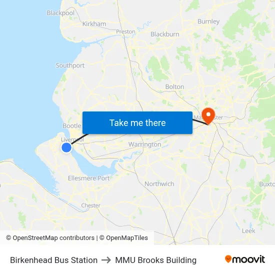 Birkenhead Bus Station to MMU Brooks Building map