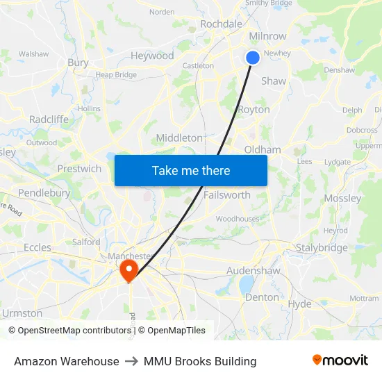 Amazon Warehouse to MMU Brooks Building map