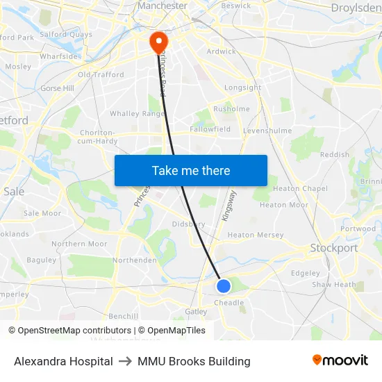 Alexandra Hospital to MMU Brooks Building map