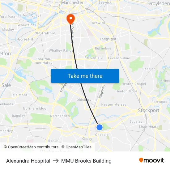 Alexandra Hospital to MMU Brooks Building map