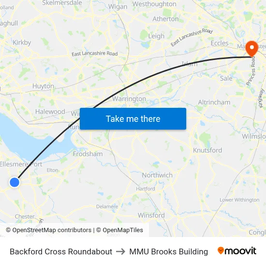 Backford Cross Roundabout to MMU Brooks Building map
