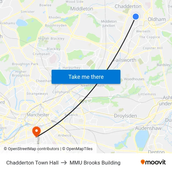 Chadderton Town Hall to MMU Brooks Building map