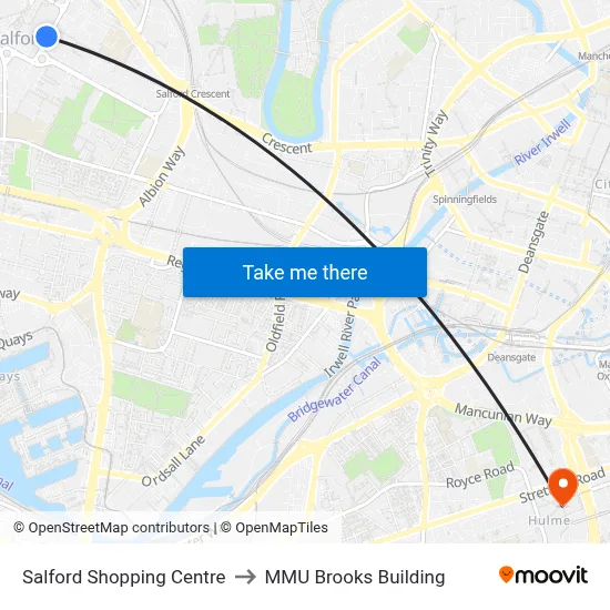 Salford Shopping Centre to MMU Brooks Building map