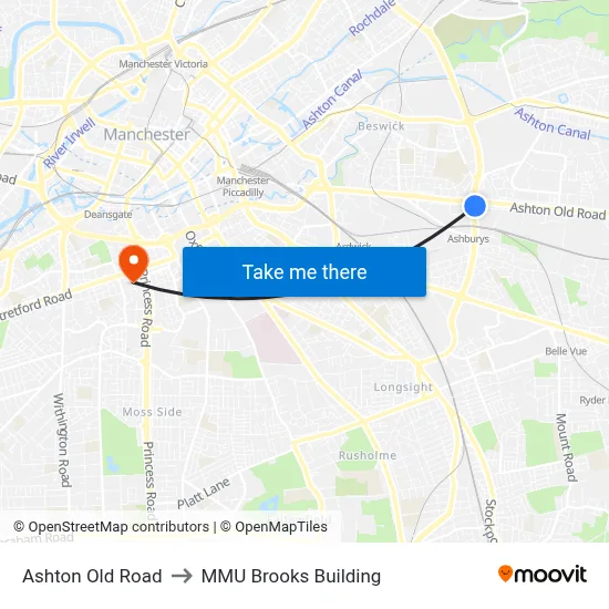 Ashton Old Road to MMU Brooks Building map