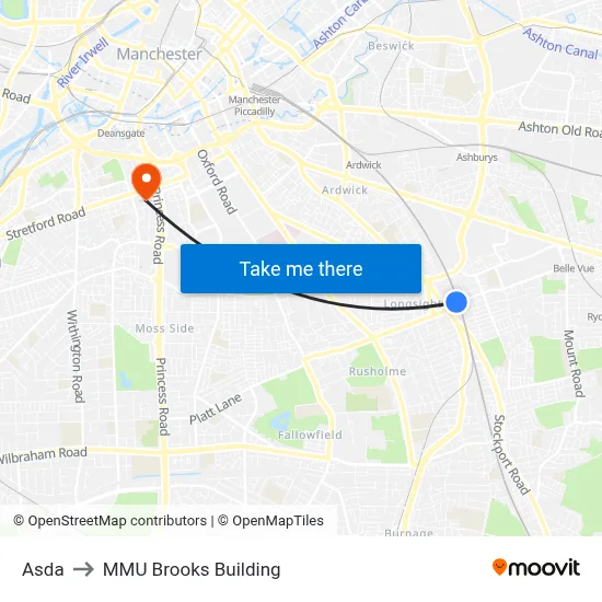 Asda to MMU Brooks Building map