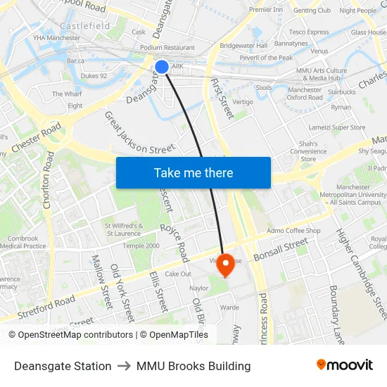 Deansgate Station to MMU Brooks Building map