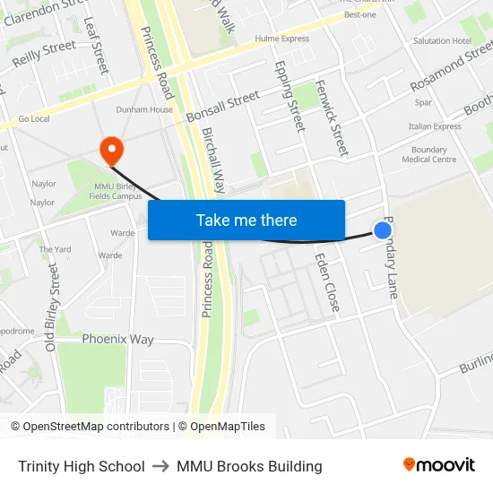 Trinity High School to MMU Brooks Building map