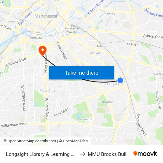 Longsight Library & Learning Centre to MMU Brooks Building map