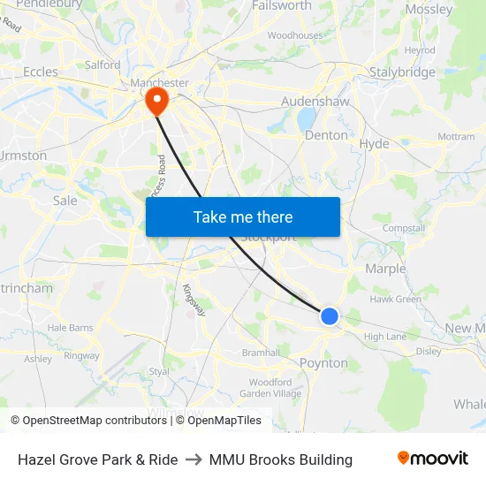 Hazel Grove Park & Ride to MMU Brooks Building map