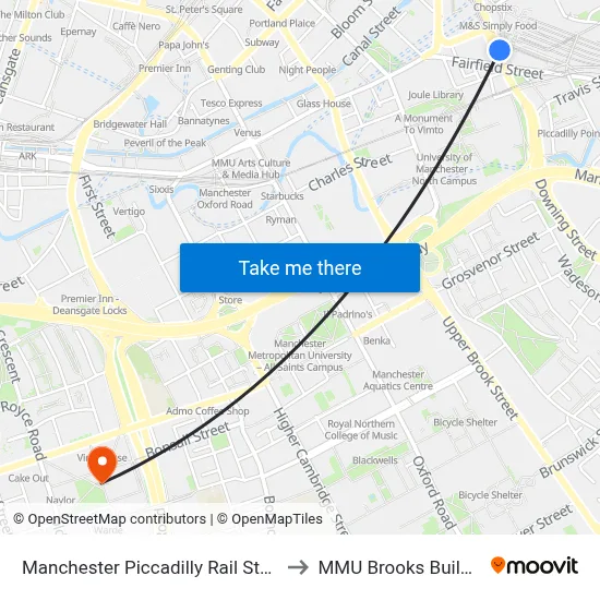 Manchester Piccadilly Rail Station to MMU Brooks Building map