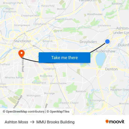 Ashton Moss to MMU Brooks Building map