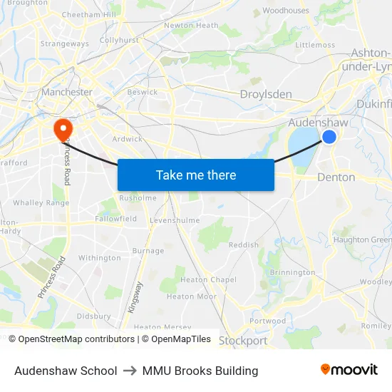Audenshaw School to MMU Brooks Building map