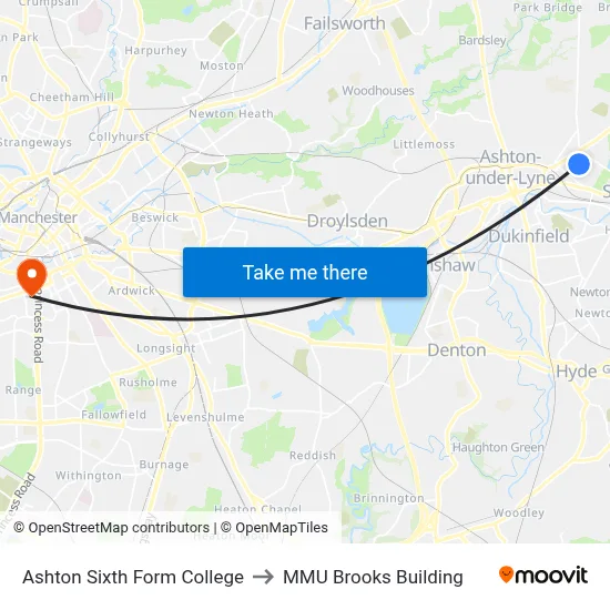 Ashton Sixth Form College to MMU Brooks Building map