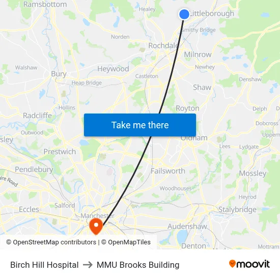Birch Hill Hospital to MMU Brooks Building map
