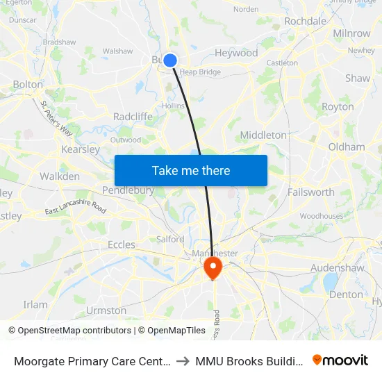 Moorgate Primary Care Centre to MMU Brooks Building map