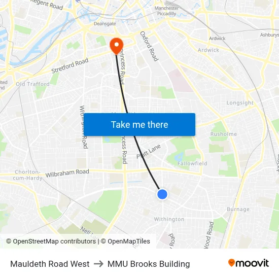 Mauldeth Road West to MMU Brooks Building map