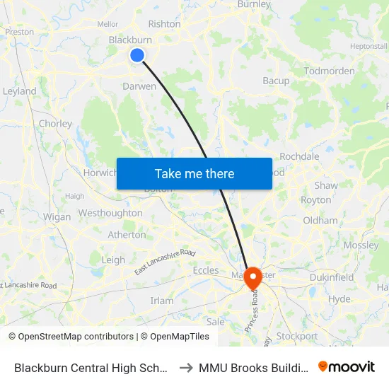 Blackburn Central High School to MMU Brooks Building map
