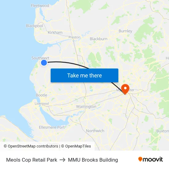 Meols Cop Retail Park to MMU Brooks Building map