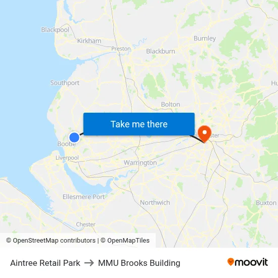 Aintree Retail Park to MMU Brooks Building map