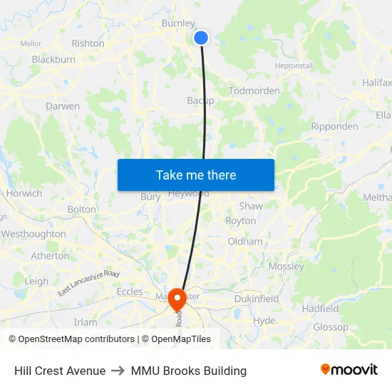Hill Crest Avenue to MMU Brooks Building map