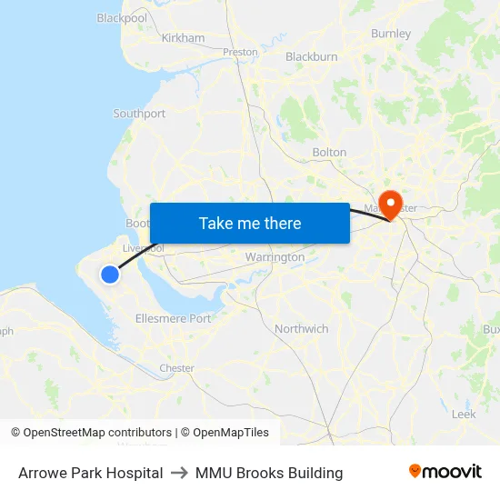 Arrowe Park Hospital to MMU Brooks Building map
