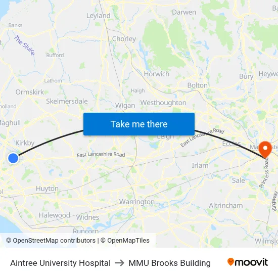 Aintree University Hospital to MMU Brooks Building map