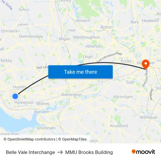 Belle Vale Interchange to MMU Brooks Building map