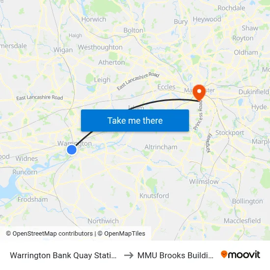 Warrington Bank Quay Station to MMU Brooks Building map