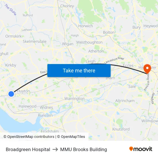 Broadgreen Hospital to MMU Brooks Building map