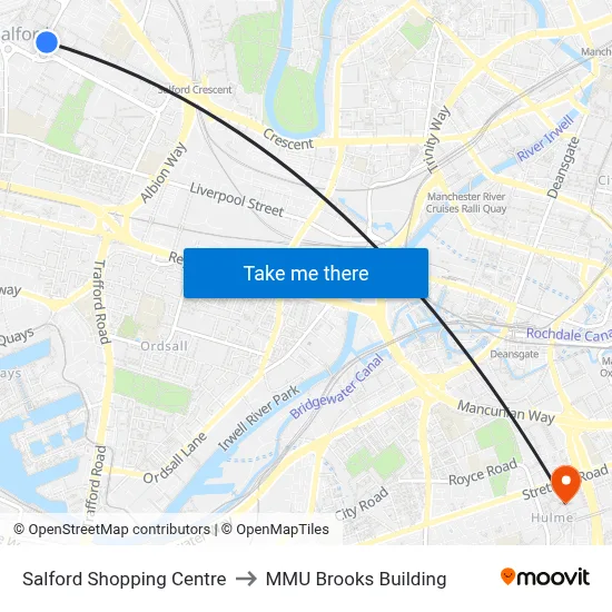Salford Shopping Centre to MMU Brooks Building map
