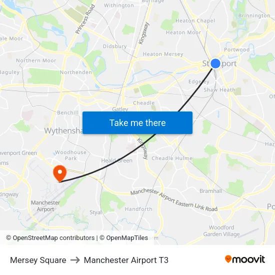 Mersey Square to Manchester Airport T3 map