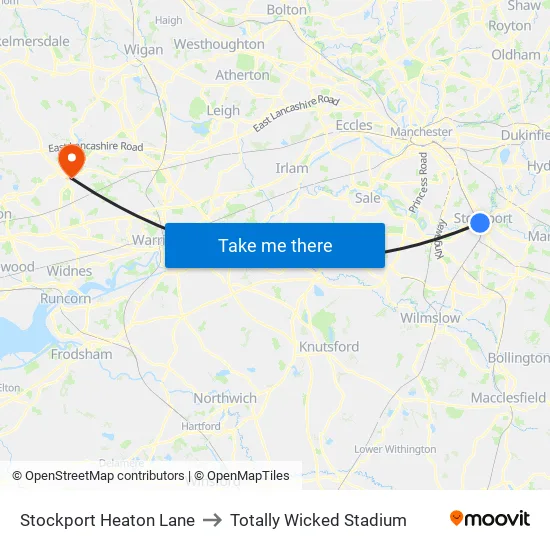 Stockport Heaton Lane to Totally Wicked Stadium map