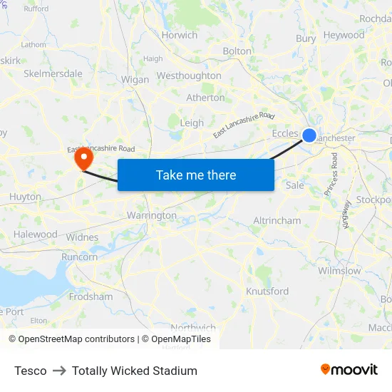 Tesco to Totally Wicked Stadium map