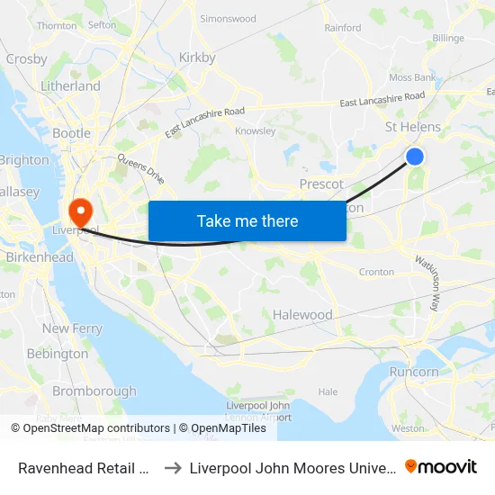 Ravenhead Retail Park to Liverpool John Moores University map