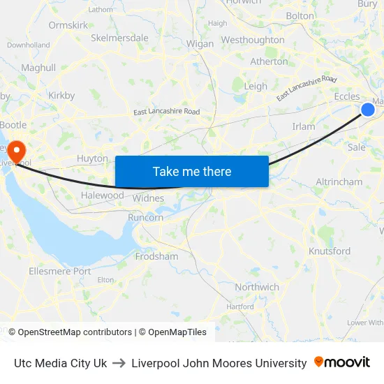Utc Media City Uk to Liverpool John Moores University map