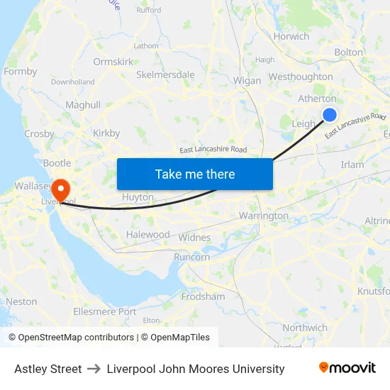Astley Street to Liverpool John Moores University map