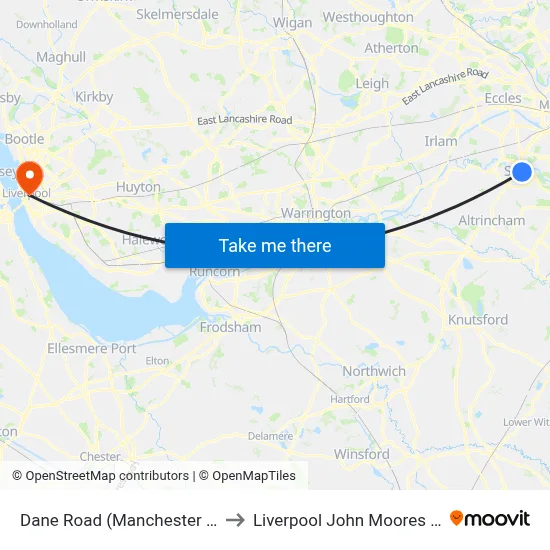 Dane Road (Manchester Metrolink) to Liverpool John Moores University map