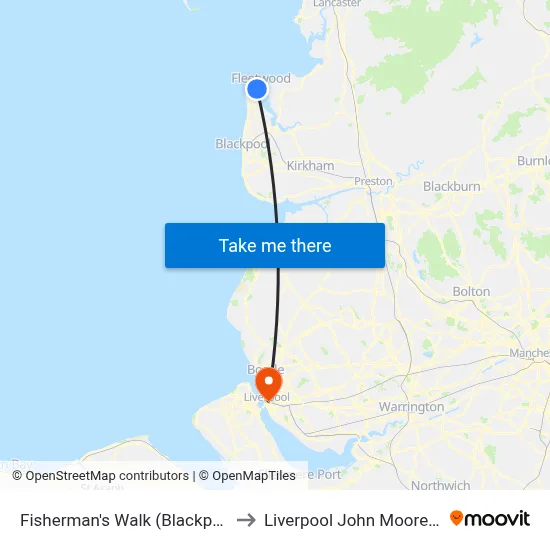 Fisherman's Walk (Blackpool Tramway) to Liverpool John Moores University map