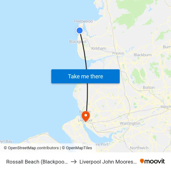 Rossall Beach (Blackpool Tramway) to Liverpool John Moores University map