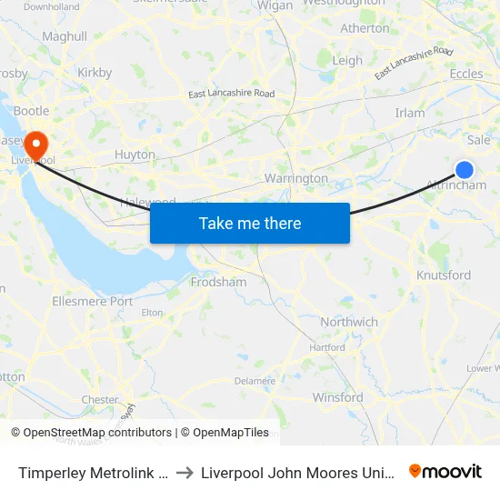 Timperley Metrolink Stop to Liverpool John Moores University map