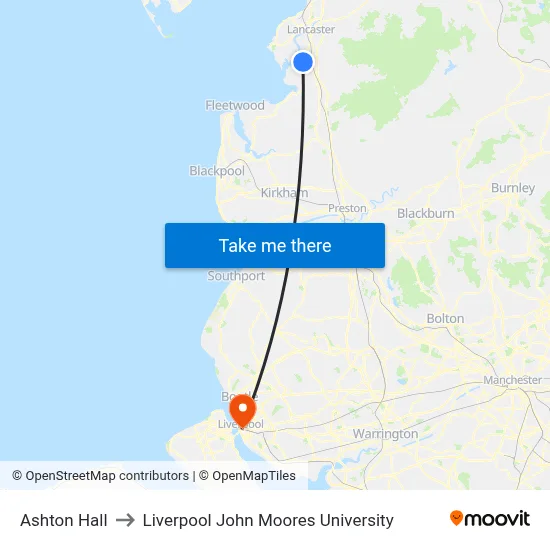 Ashton Hall to Liverpool John Moores University map