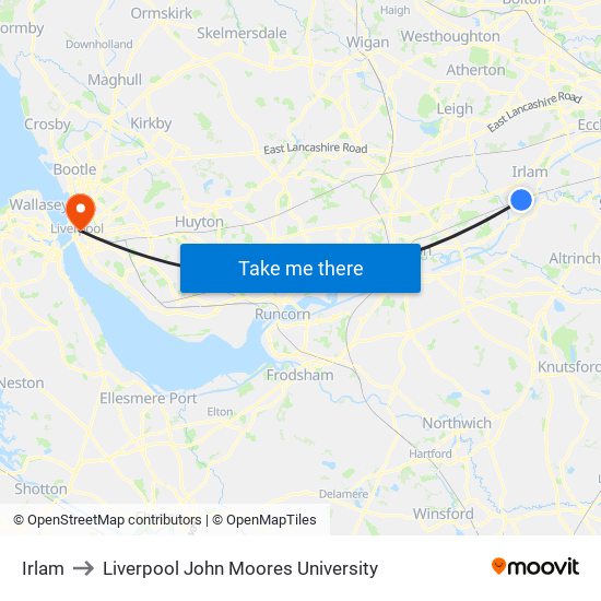 Irlam to Liverpool John Moores University map
