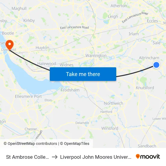 St Ambrose College to Liverpool John Moores University map