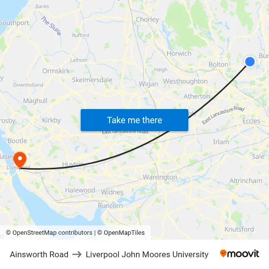 Ainsworth Road to Liverpool John Moores University map