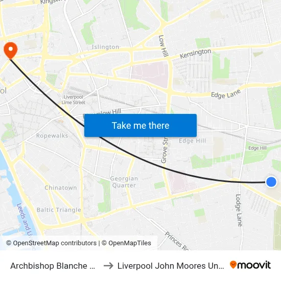 Archbishop Blanche School to Liverpool John Moores University map