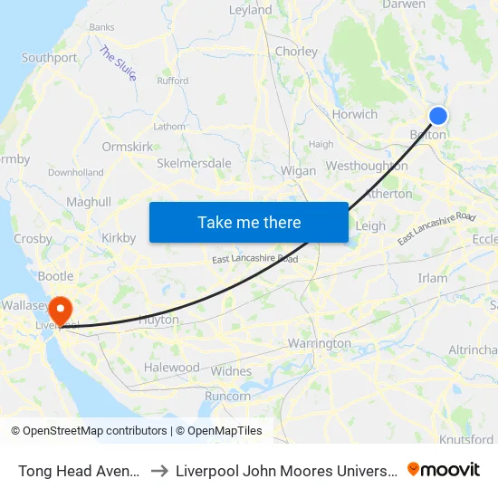 Tong Head Avenue to Liverpool John Moores University map