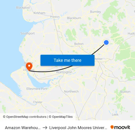 Amazon Warehouse to Liverpool John Moores University map