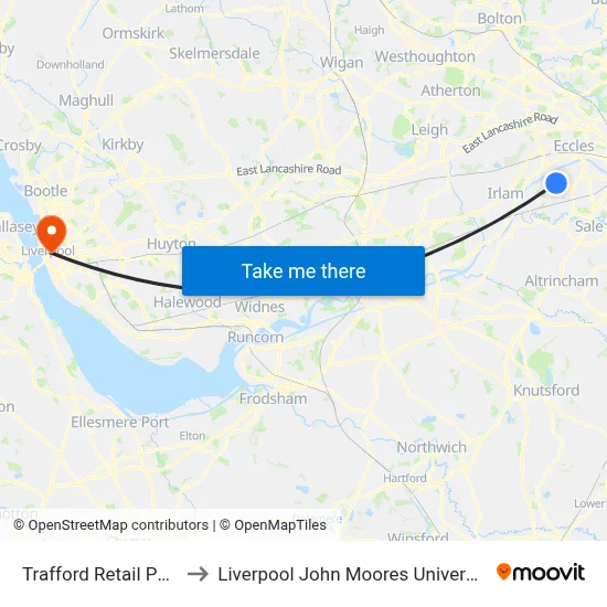 Trafford Retail Park to Liverpool John Moores University map