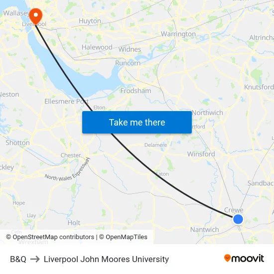 B&Q to Liverpool John Moores University map