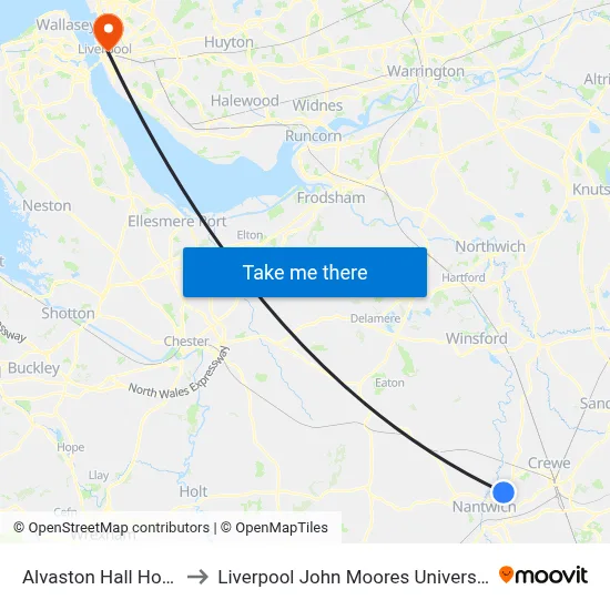 Alvaston Hall Hotel to Liverpool John Moores University map
